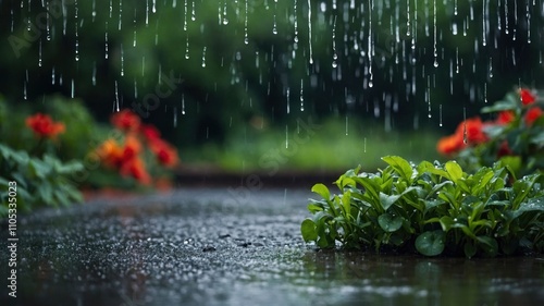 Green background. Rain on long exposure. Garden and drops of a rain. Trees in defocus photo