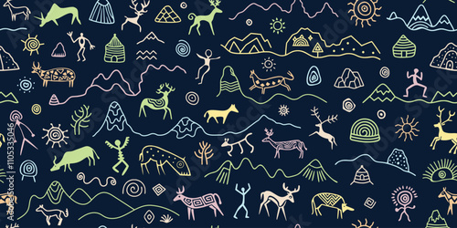 Seamless petroglyph pattern, rock paintings, naive art, vector design