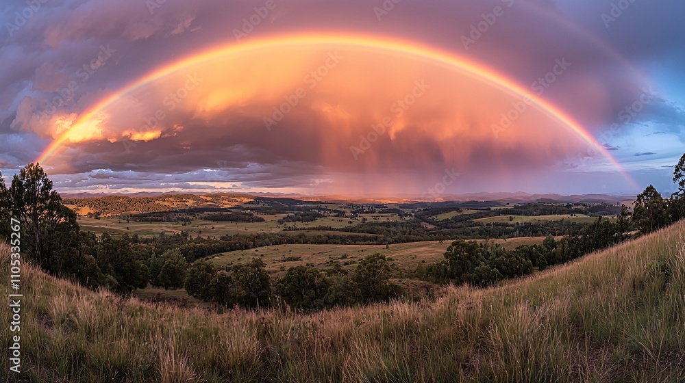Majestic Rainbow Over Stormy Valley - Dramatic Nature Landscape with Rain Shower and Vivid Colors Majestic Rainbow Over Stormy Valley - Dramatic Nature Landscape with Rain Shower and Vivid Colors