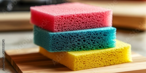 Vibrant multi coloured kitchen sponges in various hues, perfect for cleaning tasks. These multi coloured kitchen sponges are designed for effective scrubbing and are visually appealing for any photo