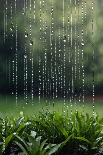 Green background. Rain on long exposure. Garden and drops of a rain. Trees in defocus photo