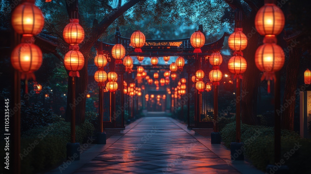 Lantern-lit urban park at twilight Lantern-lit urban park at twilight
