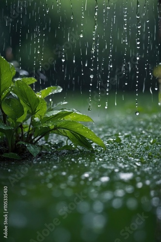 Green background. Rain on long exposure. Garden and drops of a rain. Trees in defocus photo