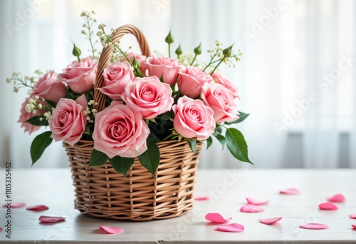 Beautiful bouquet of pink roses in wicker basket. Roses fresh, vibrant. Petals scattered on white table. Scene romantic, perfect for special occasion like Mother Day Valentine Day. Image evokes photo