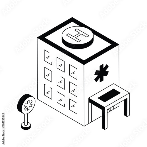 Isometric hospital icon representing healthcare facilities