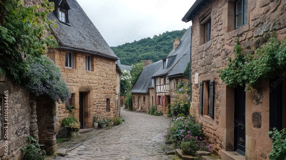 Traditional European village with cobblestone streets and stone houses Traditional European village with cobblestone streets and stone houses