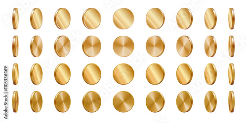 Gold coin flying 3d. Money spin side top view render. Golden insurance empty badge. Gamble slot png isolated background. Casino prize explosion icon with falling game circle chips. Dollar cash jackpot