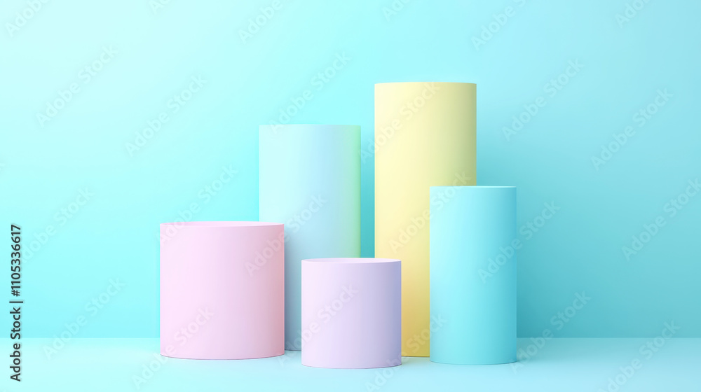 Cylinders podiums of pastel colours, clean blue background. Aesthetic product template. Generative AI Cylinders podiums of pastel colours, clean blue background. Aesthetic product template. Generative AI