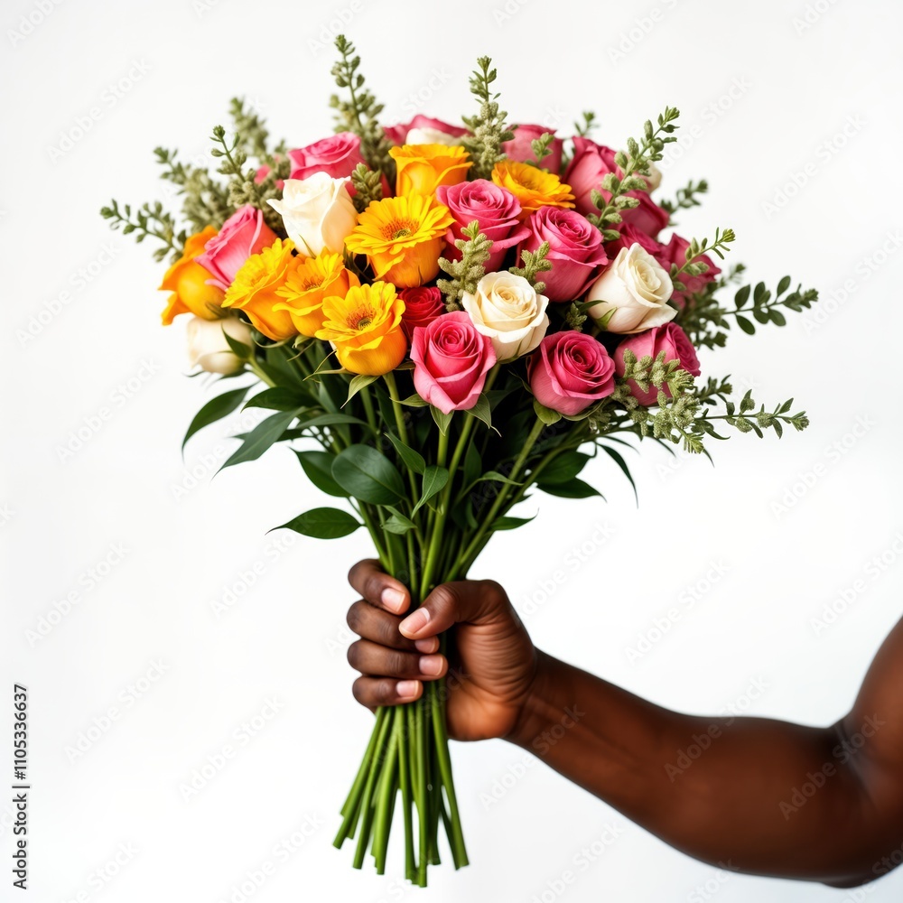 Dark-skinned man holds colorful bouquet of flowers. Fresh vibrant flowers displayed in bouquet. Gift for special occasion. Close-up view against plain white background. Ideal for Mother Day Women Day Dark-skinned man holds colorful bouquet of flowers. Fresh vibrant flowers displayed in bouquet. Gift for special occasion. Close-up view against plain white background. Ideal for Mother Day Women Day
