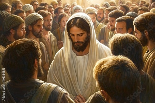 Artwork showing a diverse crowd praying together with Jesus.