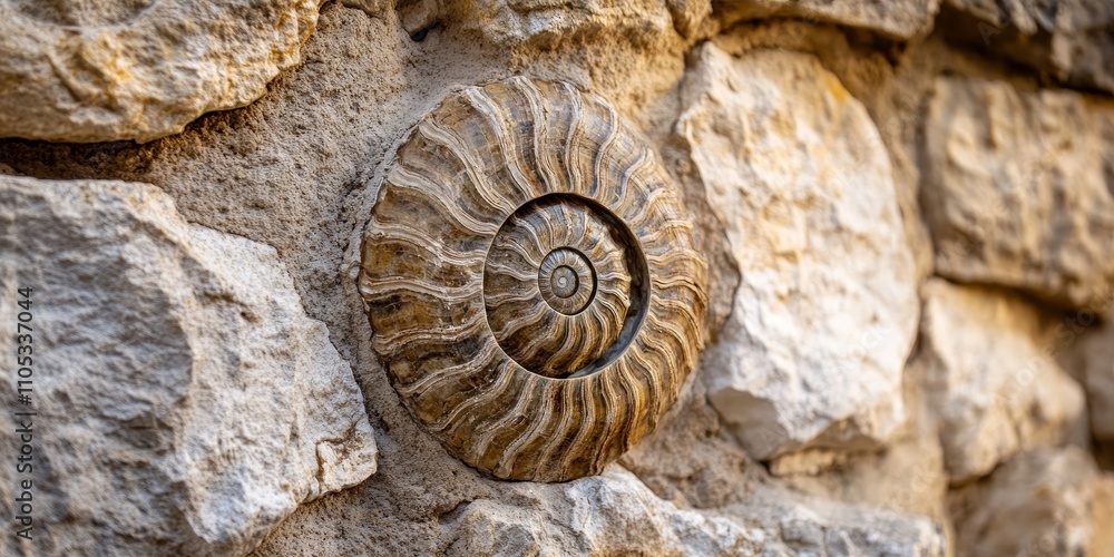 Fossilized specimen of ammonite embedded in a stone wall, showcasing intricate details of the ammonite structure and its historical significance in geology and paleontology. Fossilized specimen of ammonite embedded in a stone wall, showcasing intricate details of the ammonite structure and its historical significance in geology and paleontology.