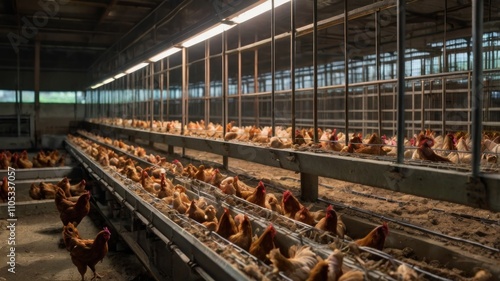 Here's a caption and keywords for your stock photo.. Rows of hens in an indoor chicken farm.