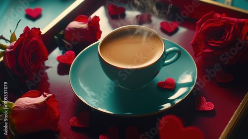 A steaming cup of coffee sits on a turquoise saucer, surrounded by red roses and heart-shaped decorations, creating a romantic ambiance.