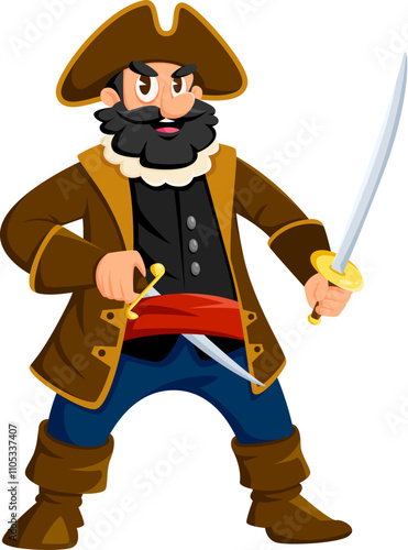 Cartoon pirate, filibuster bandit happy character. Filibuster sailor captain cute isolated vector personage, corsair crew skipper funny character or Caribbean pirate boatswain with sabre and dirk