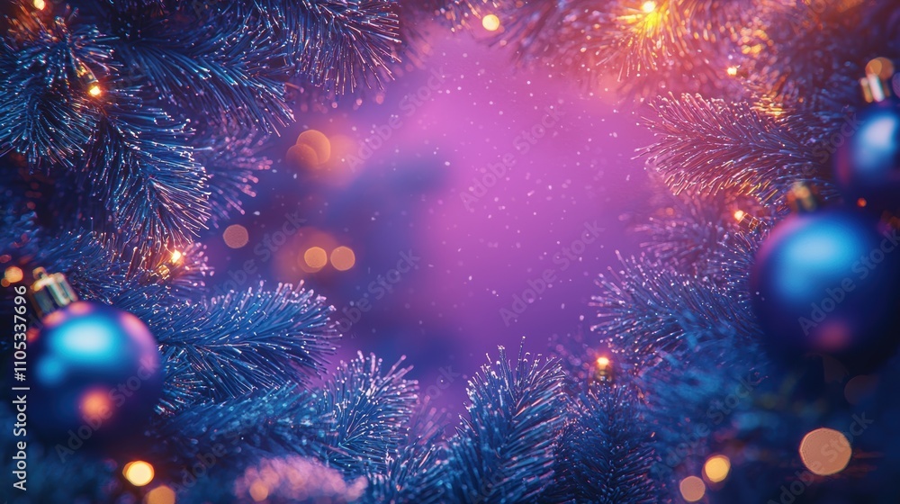 Fototapeta premium A festive close-up of decorated Christmas tree branches with blue ornaments and warm glowing lights creating a magical atmosphere.