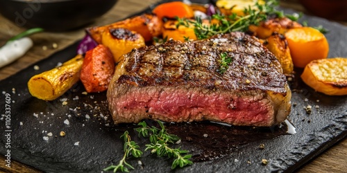 Juicy entrecote steak paired with perfectly roasted vegetables creates a delightful dish, highlighting the rich flavors of the entrecote steak and the wholesome goodness of roasted vegetables.