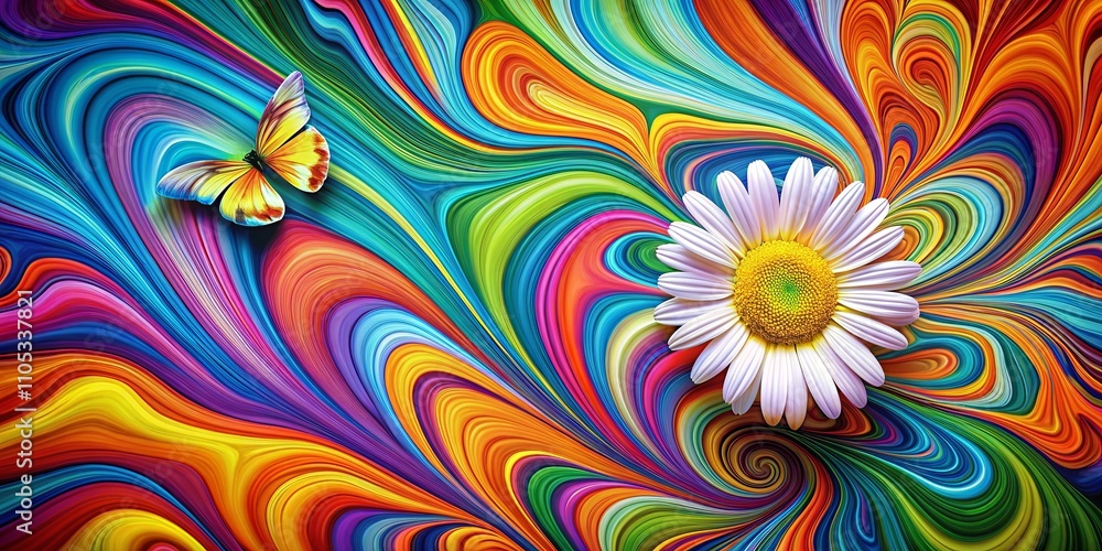Vibrant Swirling Abstract Background with Butterfly and Daisy Vibrant Swirling Abstract Background with Butterfly and Daisy