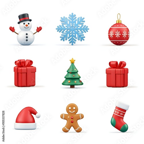 Cute Christmas Icons: Snowman, Tree, Gift, and More, set of christmas icons