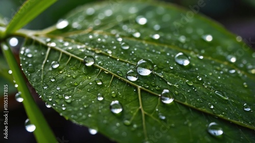 Large beautiful drops of transparent rain water on a green leaf macro. Drops of dew in the morning glow in the sun. Beautiful leaf texture in nature. Natural background