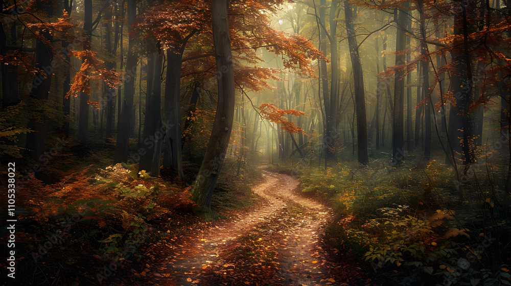 Fototapeta premium Serene Autumn Forest Trail: A Tranquil Pathway through Vibrant Fall Foliage in a Secluded Woodland