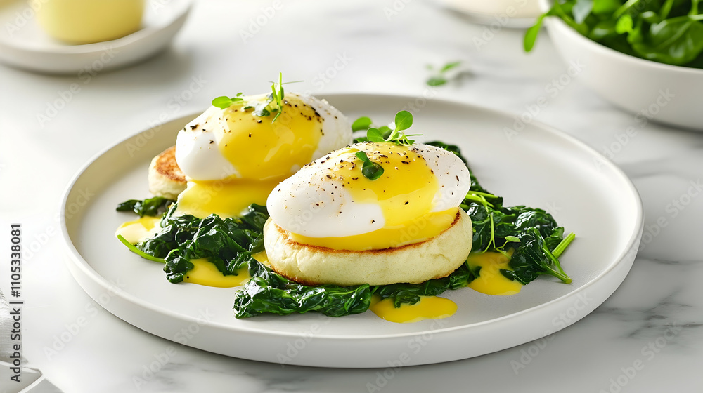Classic Eggs Florentine with Sautéed Spinach and Truffle Hollandaise, Luxury Brunch Photography Classic Eggs Florentine with Sautéed Spinach and Truffle Hollandaise, Luxury Brunch Photography