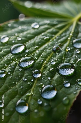 Large beautiful drops of transparent rain water on a green leaf macro. Drops of dew in the morning glow in the sun. Beautiful leaf texture in nature. Natural background