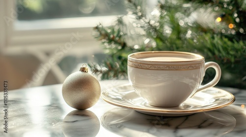 Charming Parisian Café Scene: Gold-rimmed Espresso Cup, Vintage Christmas Ornament, and Morning Light Captured in Soft Champagne Tones. Professional Food Photography, 9K Resolution.