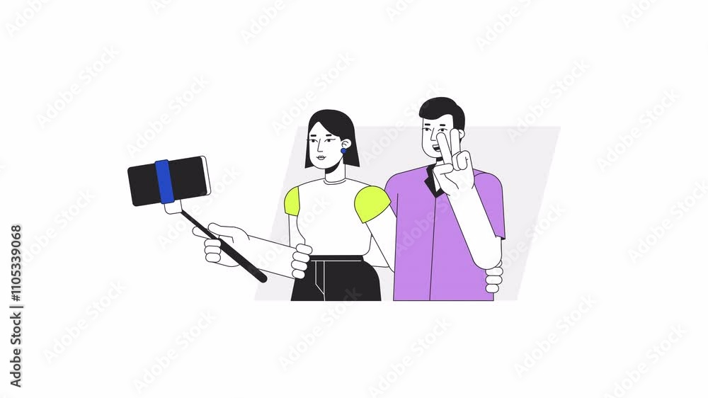 Couple taking selfie with selfiestick cartoon animation. Photographing together 4K video motion graphic. Happy girl guy showing peace sign on camera animated 2D characters isolated on white background Couple taking selfie with selfiestick cartoon animation. Photographing together 4K video motion graphic. Happy girl guy showing peace sign on camera animated 2D characters isolated on white background