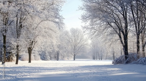 Winter forest with snow-dusted trees, representing stillness