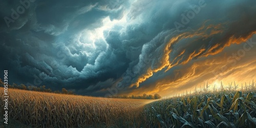 Dramatic storm clouds loom over a cornfield, showcasing the intensity of a supercell during a severe tornado warning, capturing the essence of nature s power and the beauty of stormy skies. photo