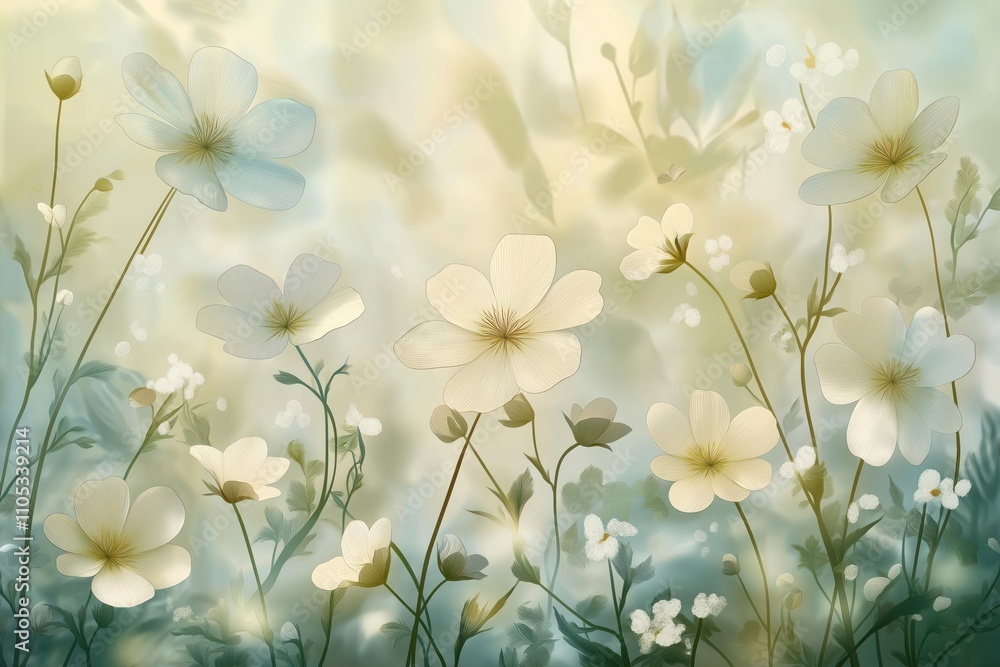 Obraz premium Delicate white flowers bloom in garden setting. Soft pastel colors, gentle petals create tranquil scene. Light, airy atmosphere evokes feeling of serenity, beauty. Illustration natural garden setting