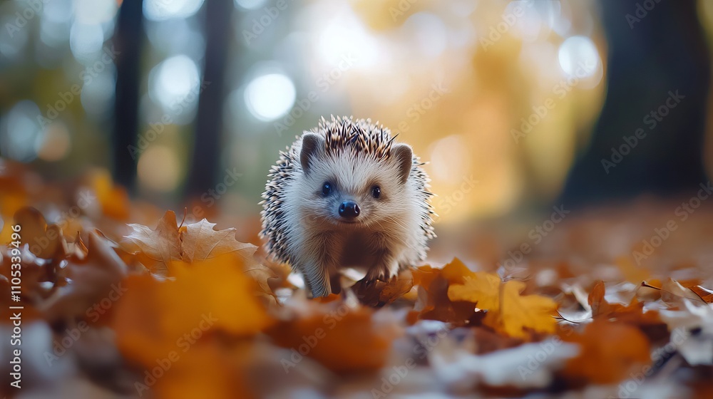 Fototapeta premium A little hedgehog walking through autumn leaves looking straight at the camera