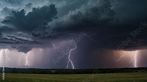 Lightning strikes between stormy clouds with rain