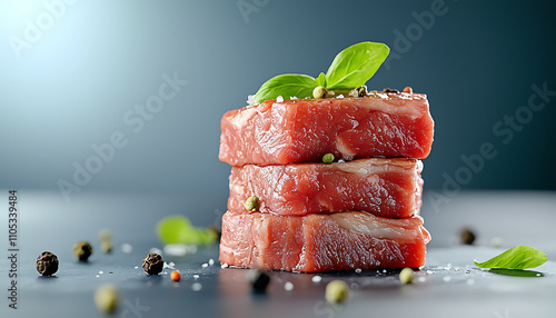 Premium juicy raw steak stacked with fresh herbs modern kitchen food photography minimalist environment close-up viewpoint photo