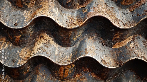 Rusty corrugated metal sheets stacked in alternating waves under natural light