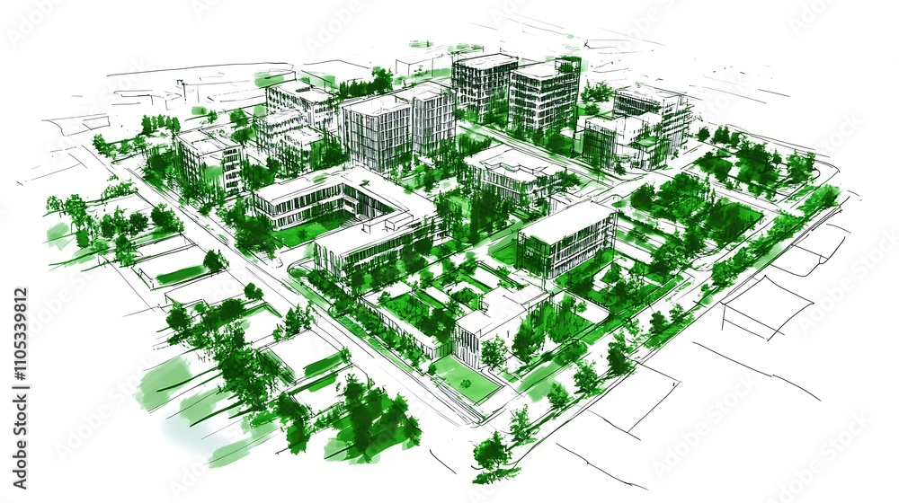 Fototapeta premium Comprehensive urban planning sketch showcasing sustainable design elements.
