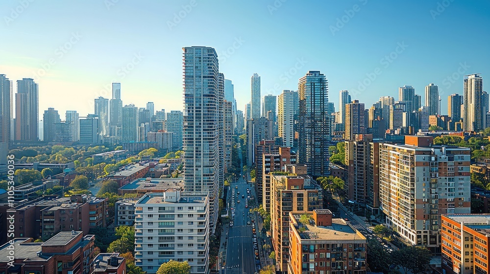 Naklejka premium A cityscape with tall buildings aligned perfectly, showcasing detailed architectural lines and corrected vertical perspective, clear blue sky.