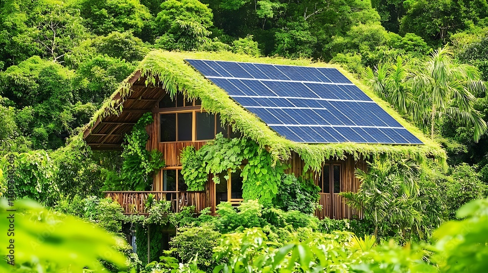 Sustainable living showcased through lush greenery and energy-efficient architecture. Sustainable living showcased through lush greenery and energy-efficient architecture.