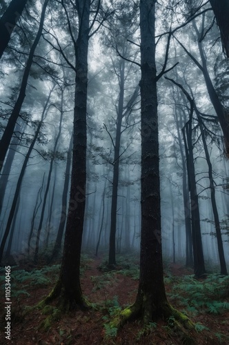 Panorama of foggy forest. Fairy tale spooky looking woods in a misty day. Cold foggy morning in horror forest