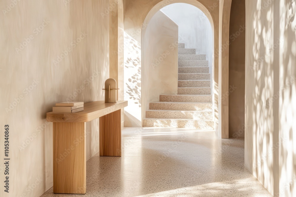 A refined hallway with a light wood console table and terrazzo flooring. A refined hallway with a light wood console table and terrazzo flooring.