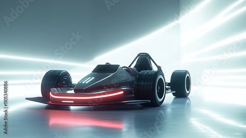 A futuristic blank go-kart with glowing LED accents, positioned at a slight angle, white reflective floor blending into the background