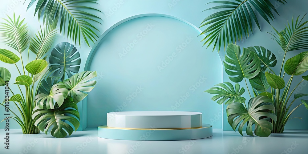 Fototapeta premium Serene Minimalist Display with Lush Tropical Foliage and Aqua Pedestal