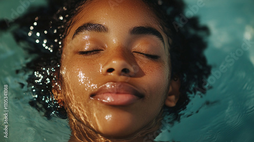 Woman with curly hair is floating in a pool. She has a relaxed and peaceful expression on her face