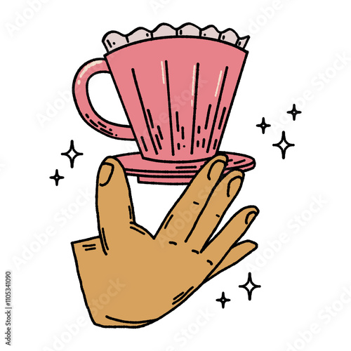 vector hand drawn illustration isolated enlarged human palm holds ceramic coffee dripper with paper coffee filter for alternative method brewing coffee on white background