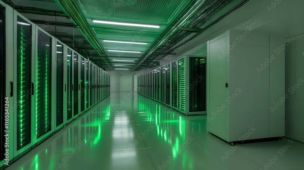 A large room with many green computer servers. The room is lit up with green lights. The servers are all lined up in rows, and the room is very spacious A large room with many green computer servers. The room is lit up with green lights. The servers are all lined up in rows, and the room is very spacious