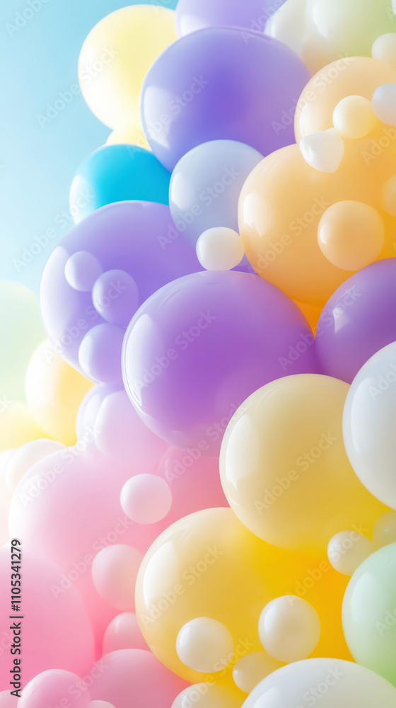Aesthetic pastel background of soft floating spheres. Purple, yellow, blue colours. Copy space. Generative AI Aesthetic pastel background of soft floating spheres. Purple, yellow, blue colours. Copy space. Generative AI