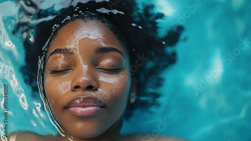 Woman with curly hair is floating in a pool. She has a relaxed and peaceful expression on her face