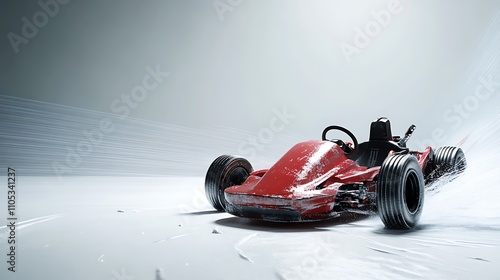 A high-speed blank go-kart captured as if leaping off the ground, motion trails and tire tracks on the white floor, dramatic studio lighting emphasizing the energy, bold and exciting