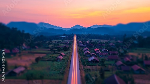 Fiber optic installation concept. A scenic sunset view over a winding road through a tranquil countryside landscape.