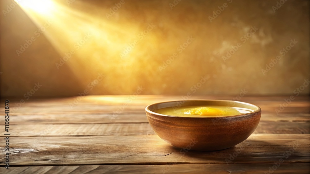 Golden liquid in rustic bowl on wooden surface with sunlit background Golden liquid in rustic bowl on wooden surface with sunlit background